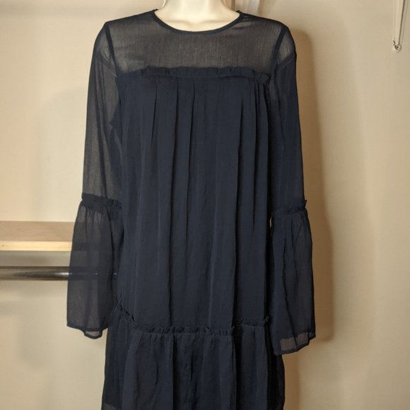 H&M Navy Boho Dress with Sheer Neckline and Bell Sleeves - Picture 1 of 6